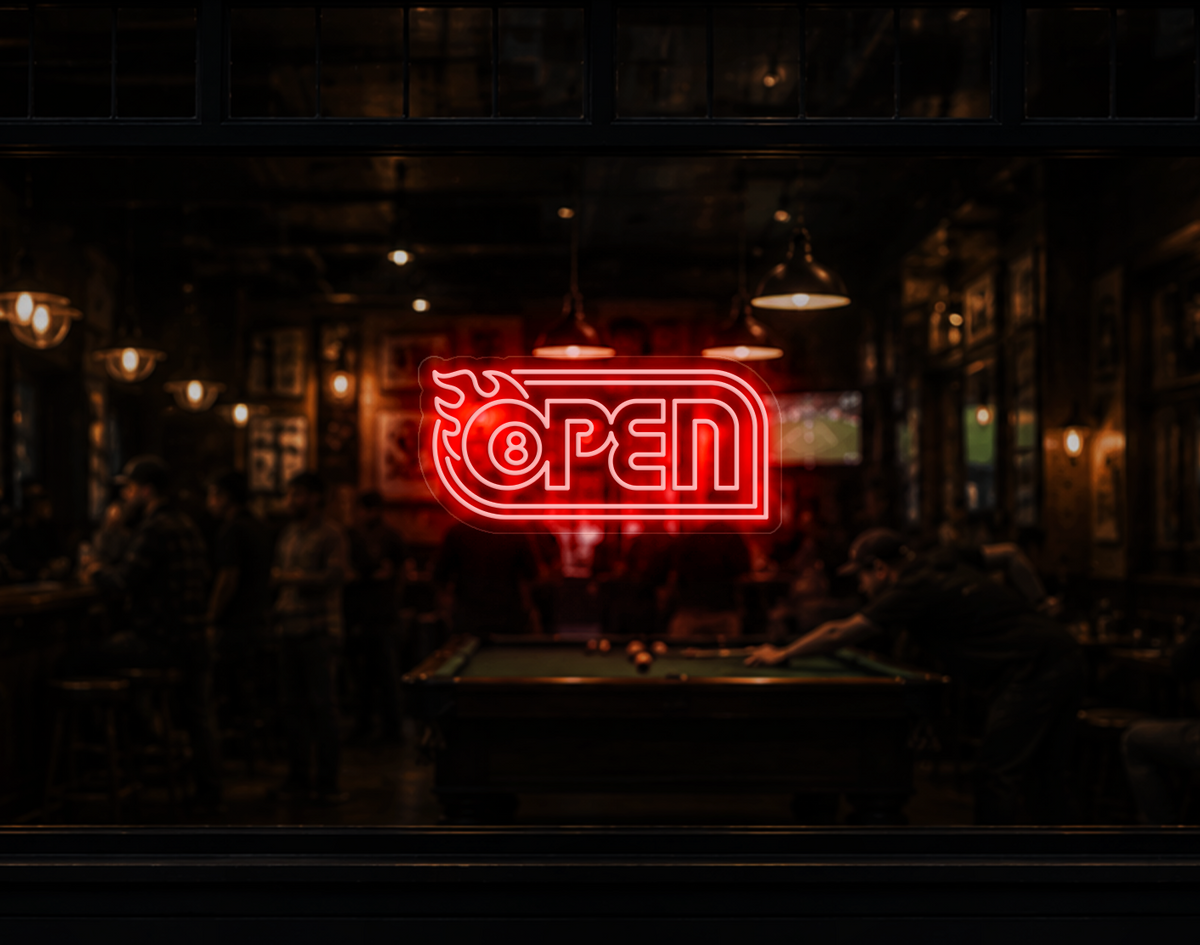 Retro Flame Badge Open LED Neon Sign - Red