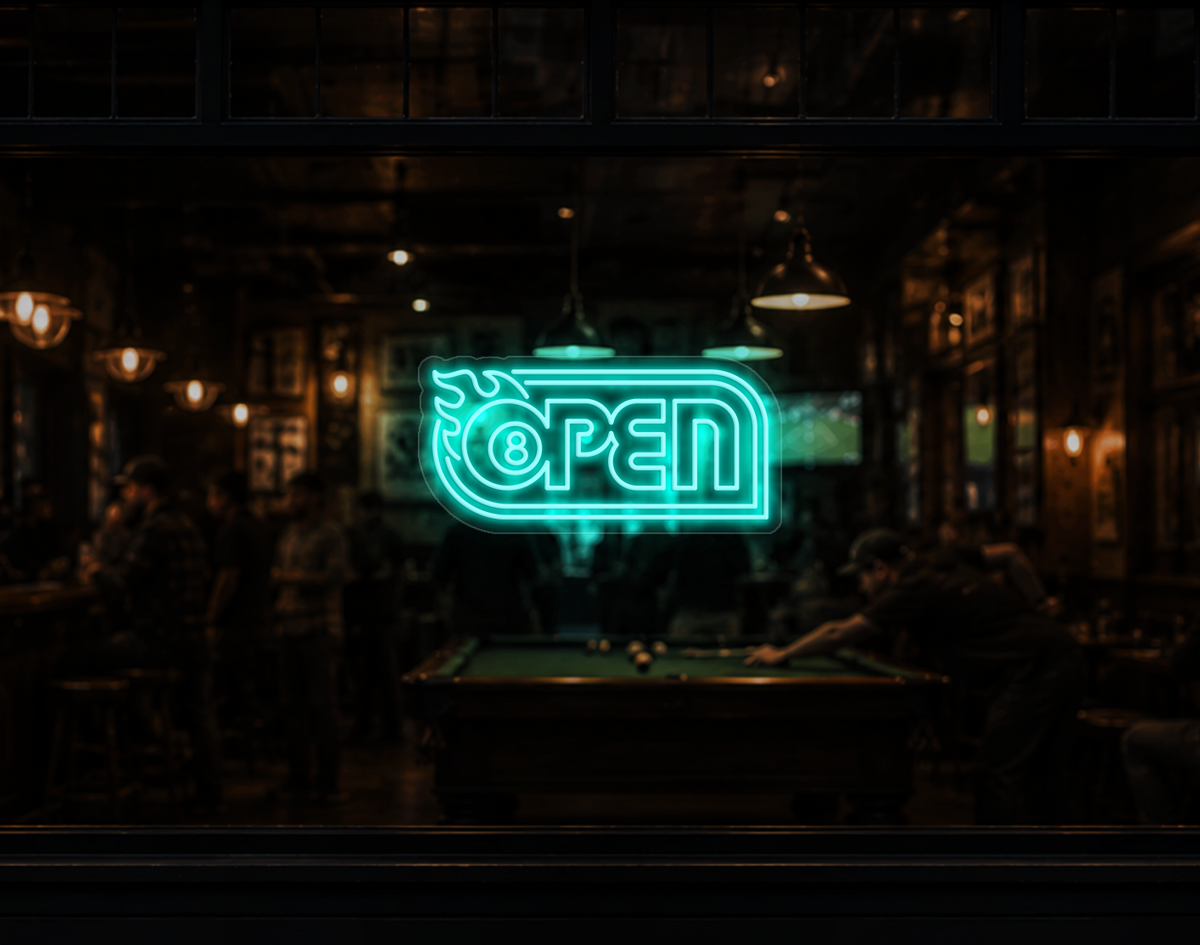Retro Flame Badge Open LED Neon Sign - Turquoise