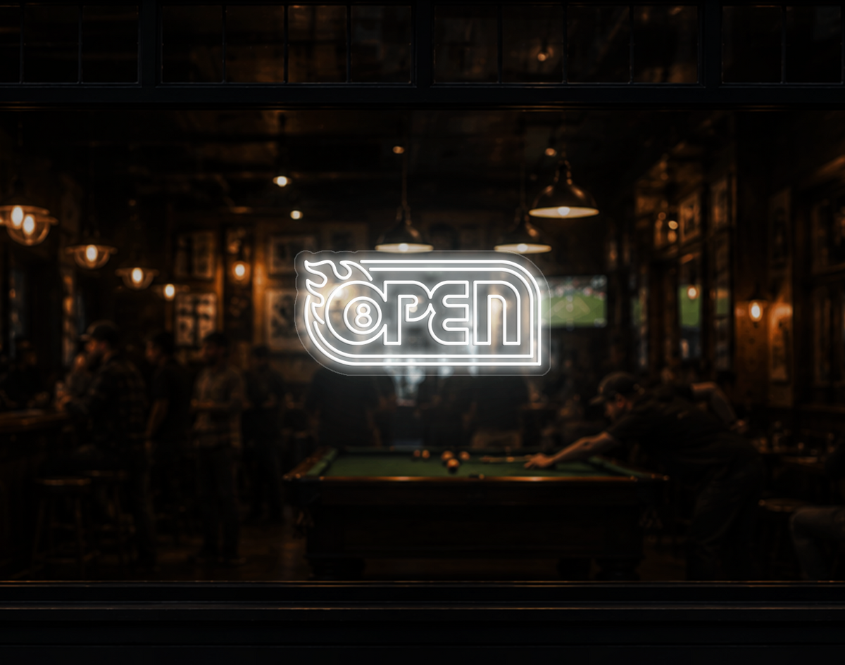 Retro Flame Badge Open LED Neon Sign - White