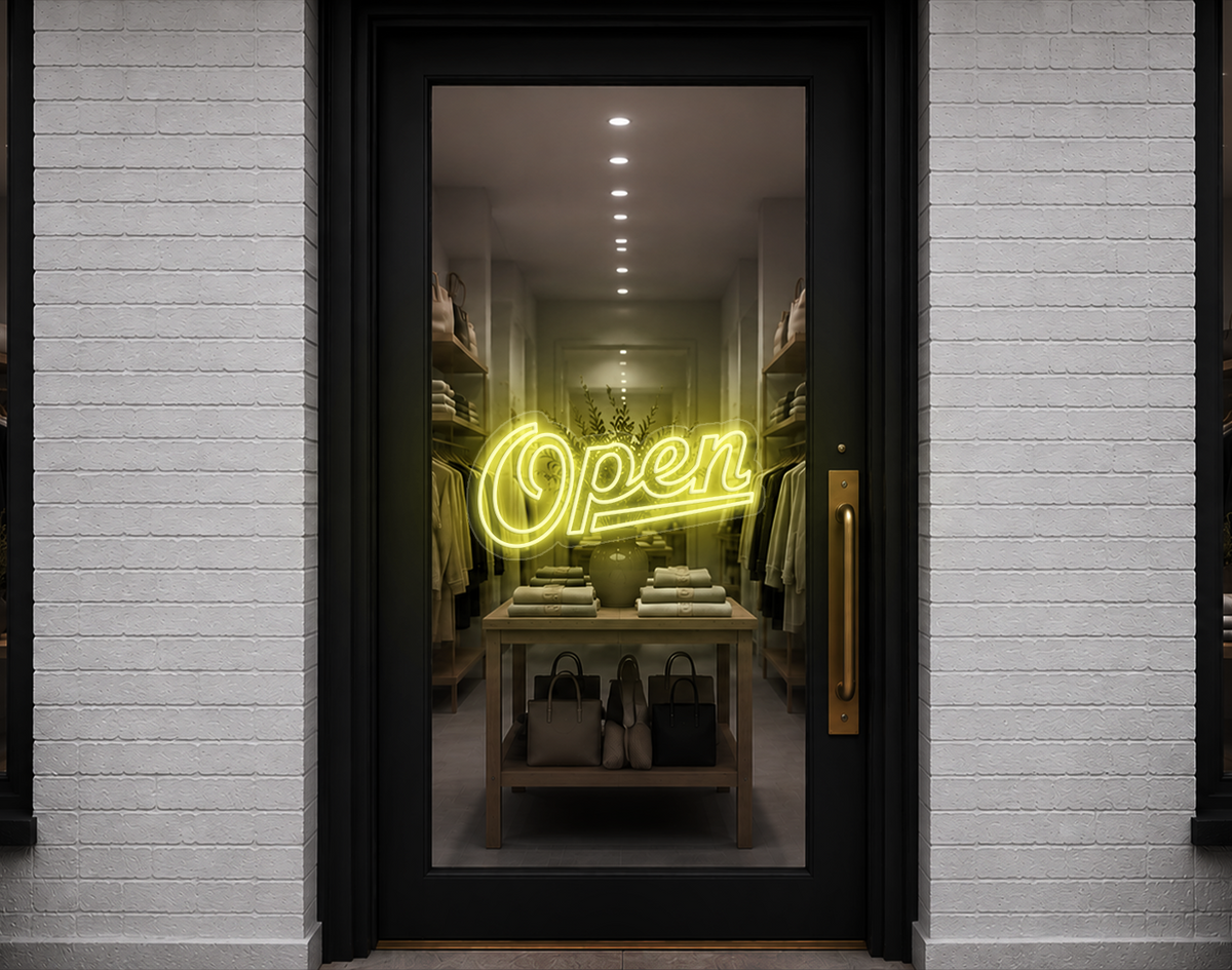 Retro Script Open LED Neon Sign - Buttercup Yellow