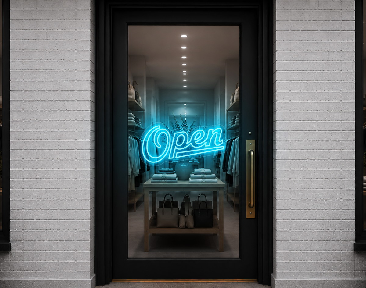 Retro Script Open LED Neon Sign - Ice Blue