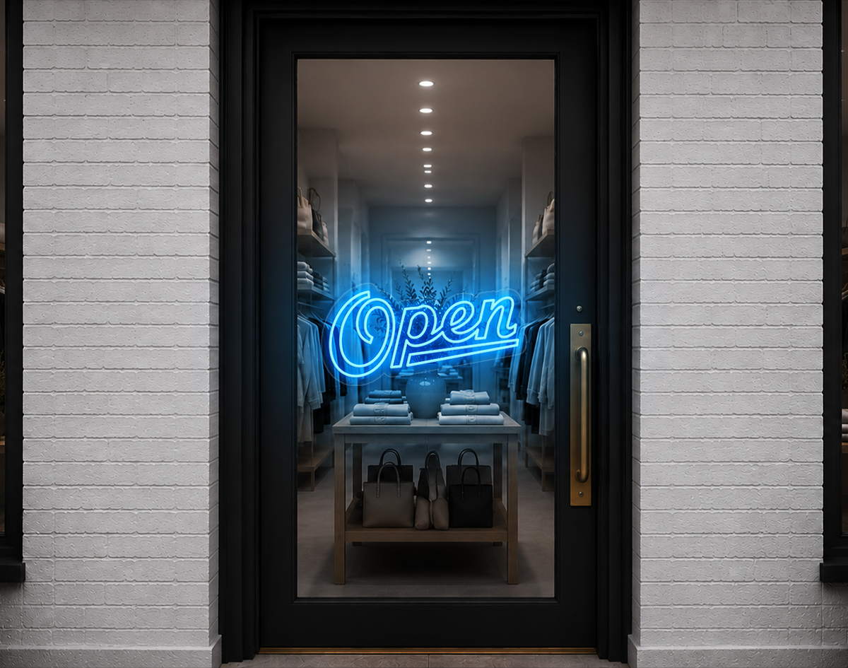 Retro Script Open LED Neon Sign - Light Blue