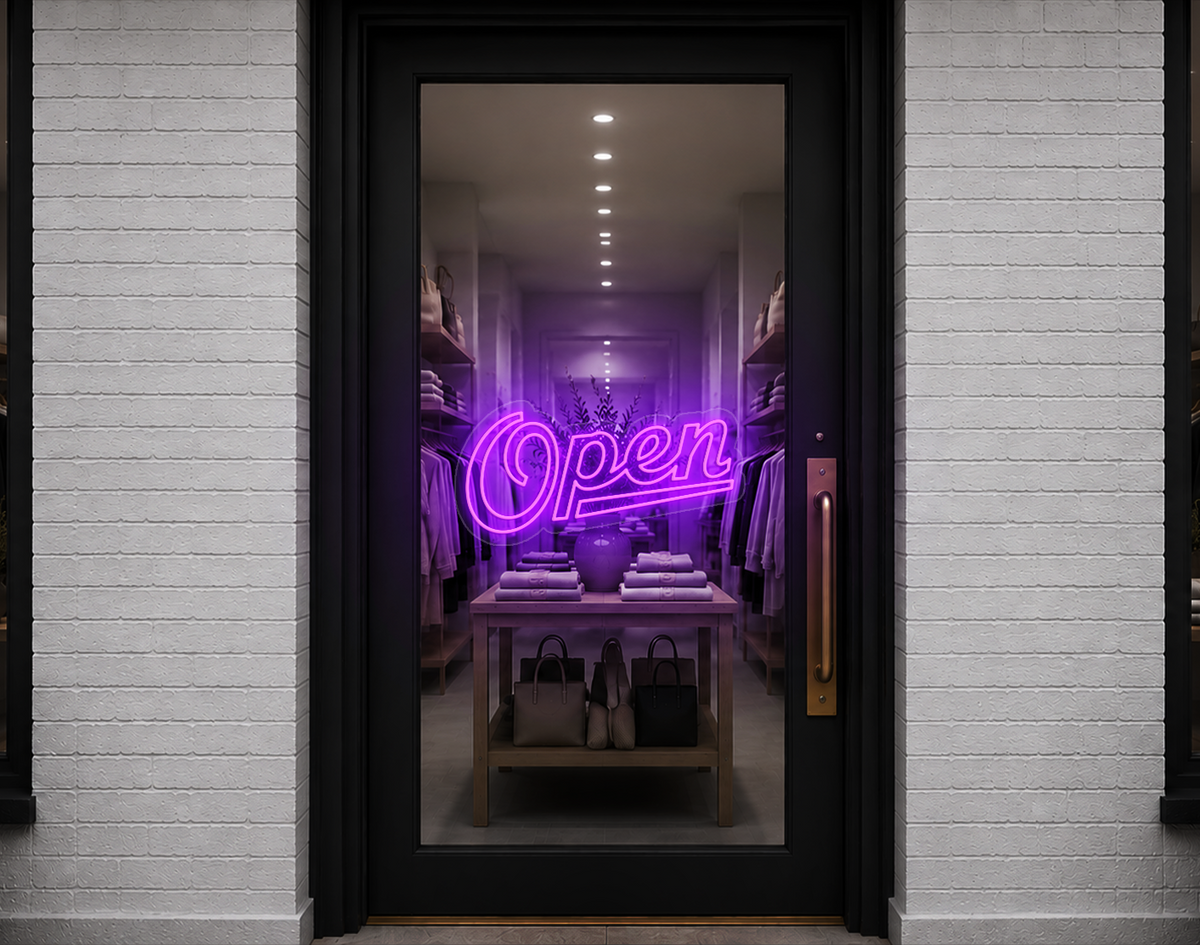 Retro Script Open LED Neon Sign - Purple