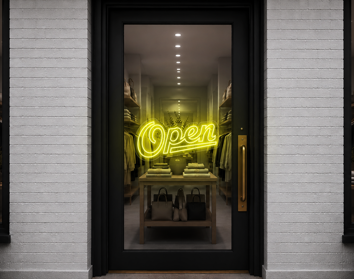 Retro Script Open LED Neon Sign - Yellow