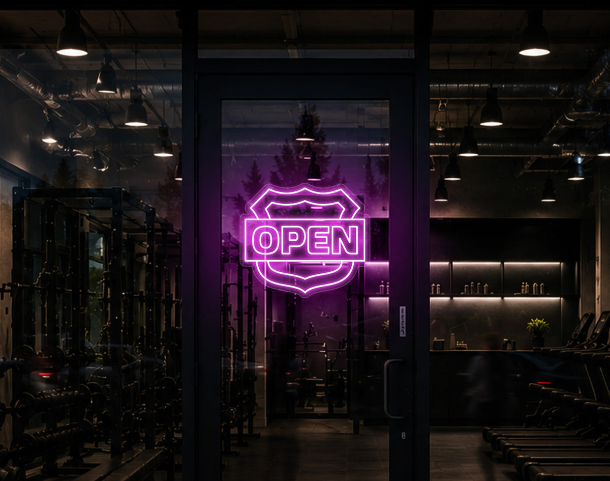 Shield Badge Open LED Neon Sign - Bubblegum Pink