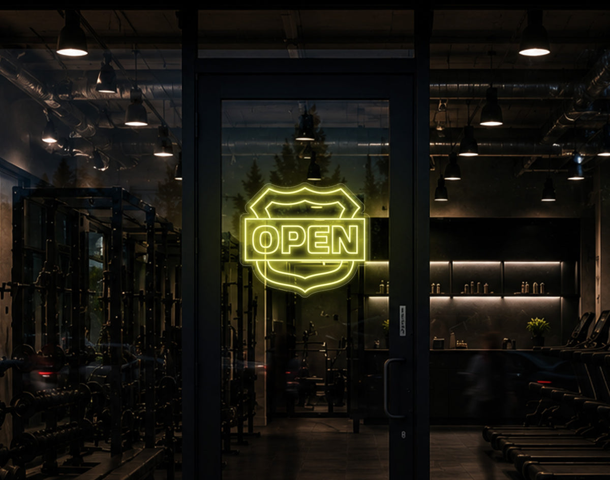 Shield Badge Open LED Neon Sign - Buttercup Yellow