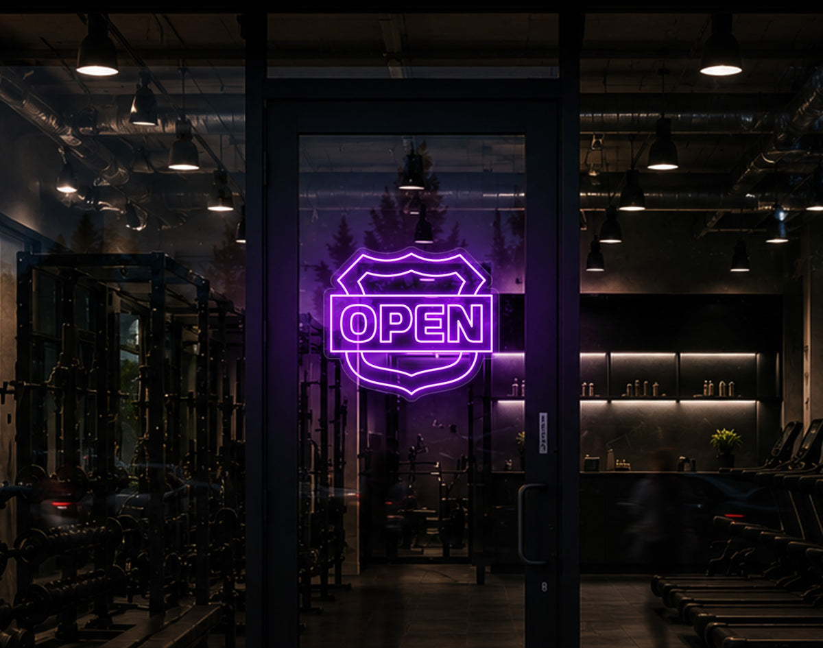 Shield Badge Open LED Neon Sign - Lilac Purple