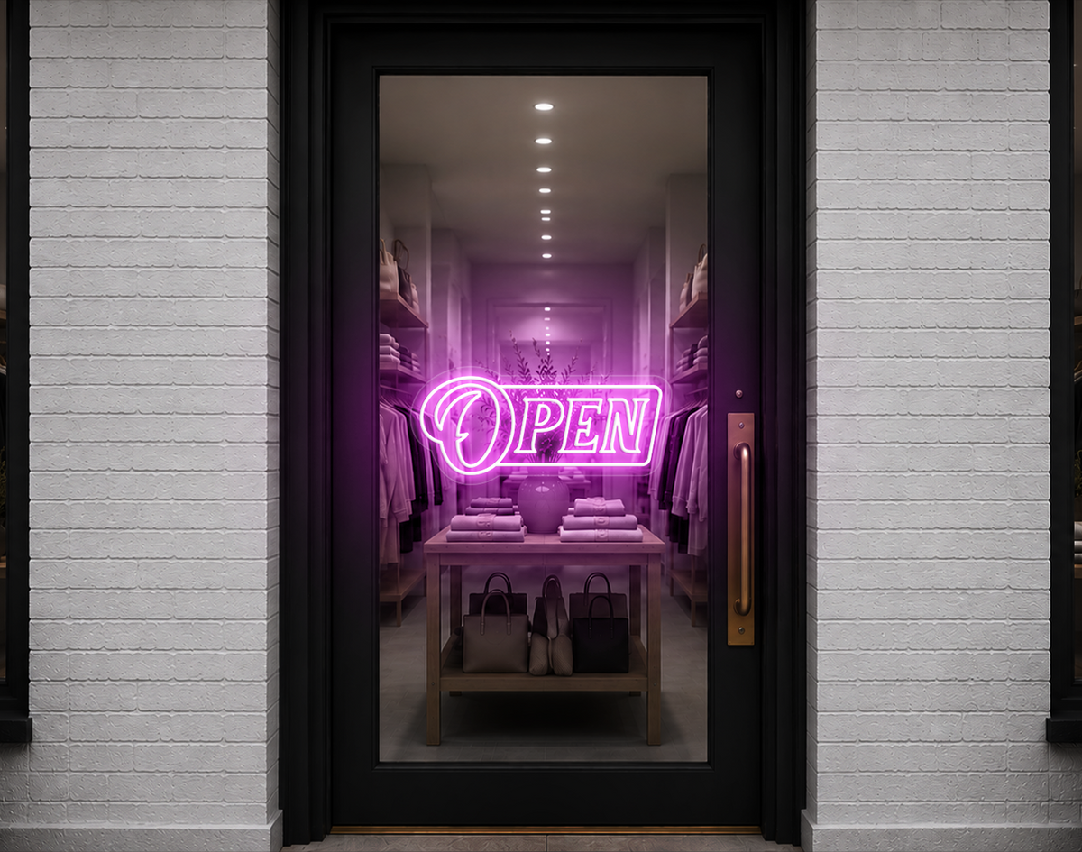 Slanted Serif Badge Open LED Neon Sign - Bubblegum Pink