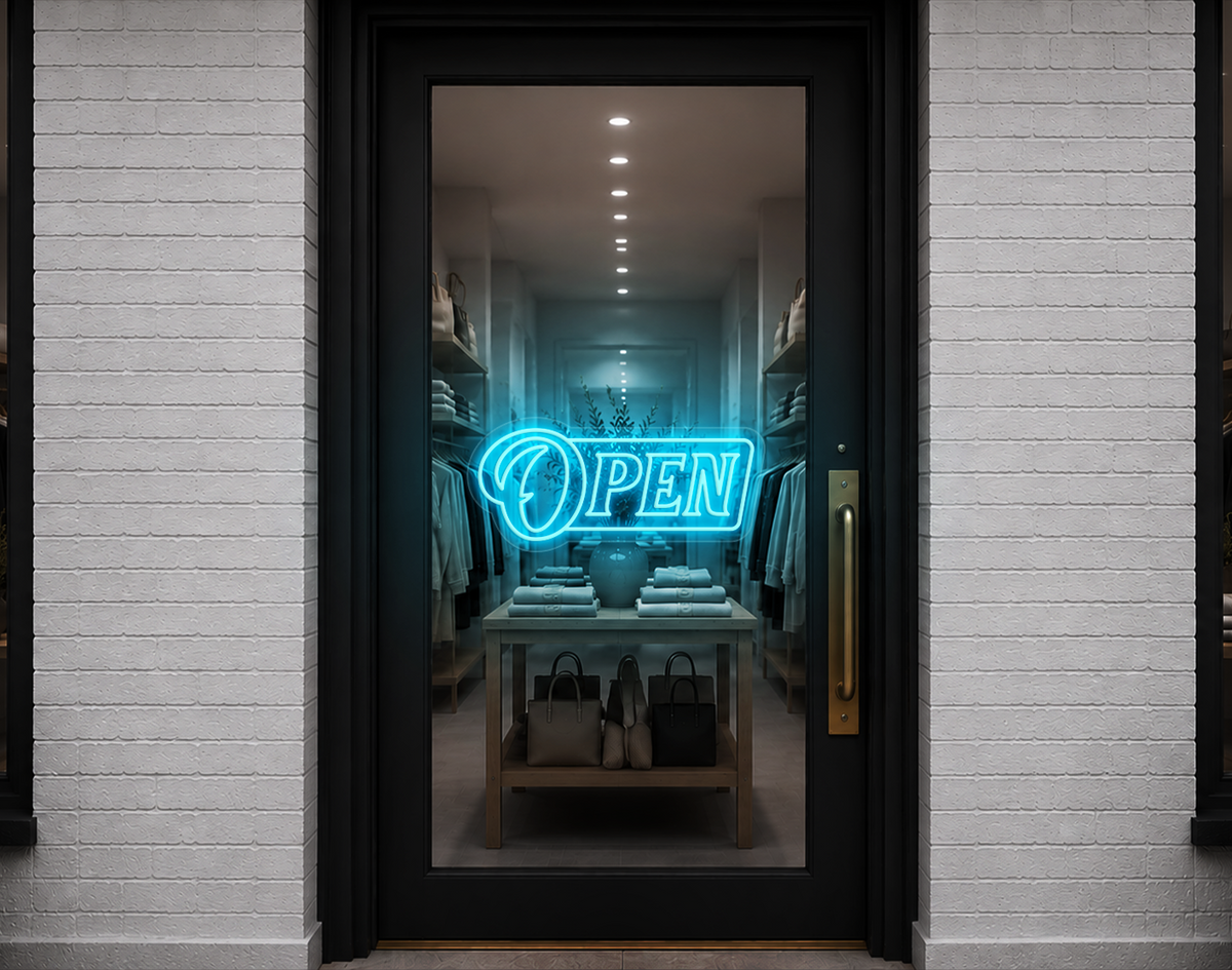 Slanted Serif Badge Open LED Neon Sign - Ice Blue