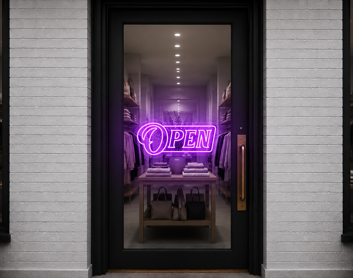 Slanted Serif Badge Open LED Neon Sign - Lilac Purple