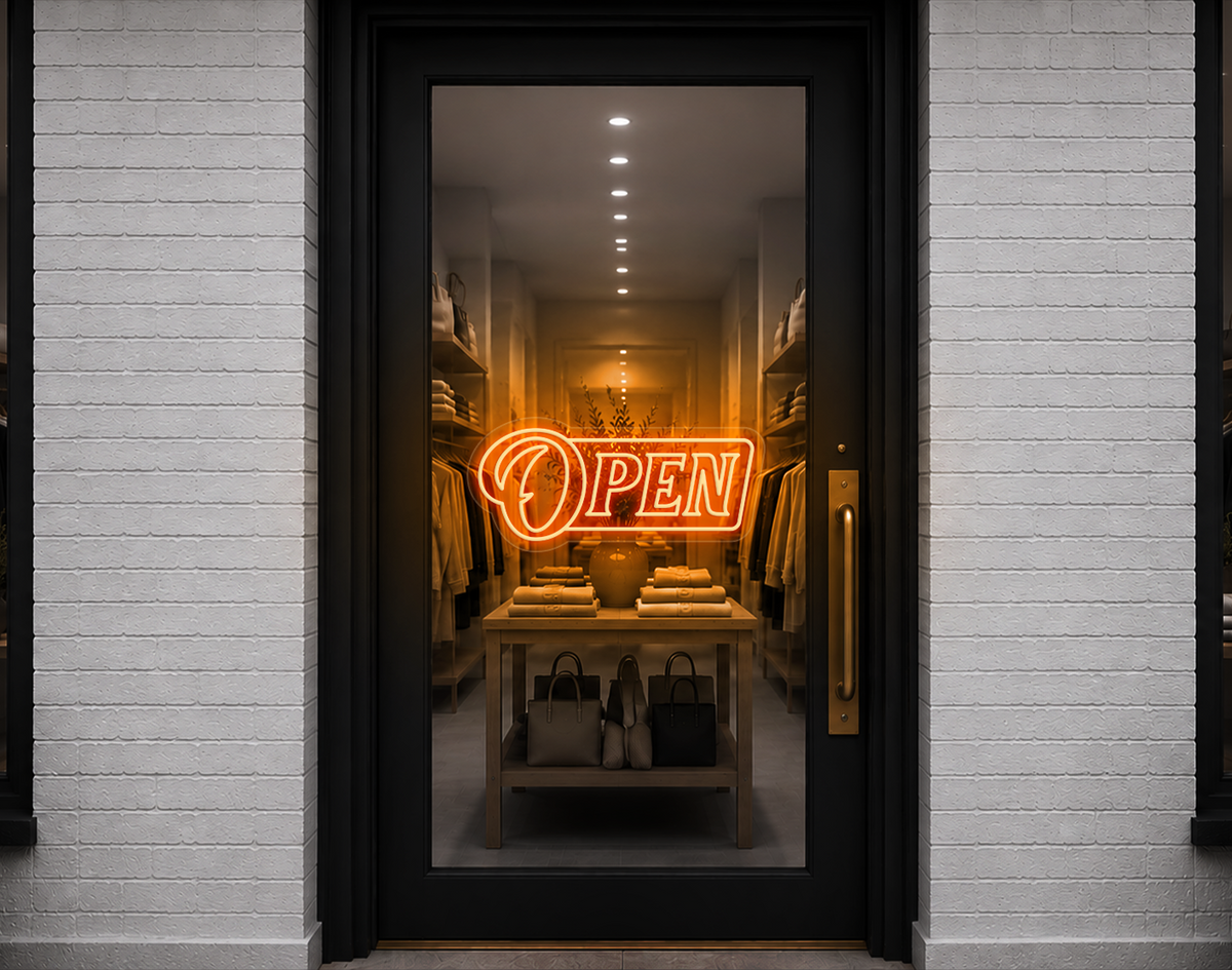 Slanted Serif Badge Open LED Neon Sign - Sunset Orange