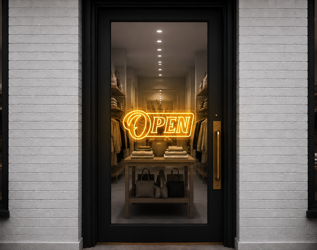 Slanted Serif Badge Open LED Neon Sign - Sunset Yellow