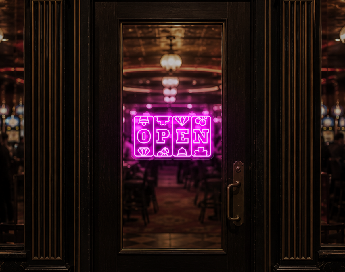 Slots Badge Open LED Neon Sign - Hot Pink