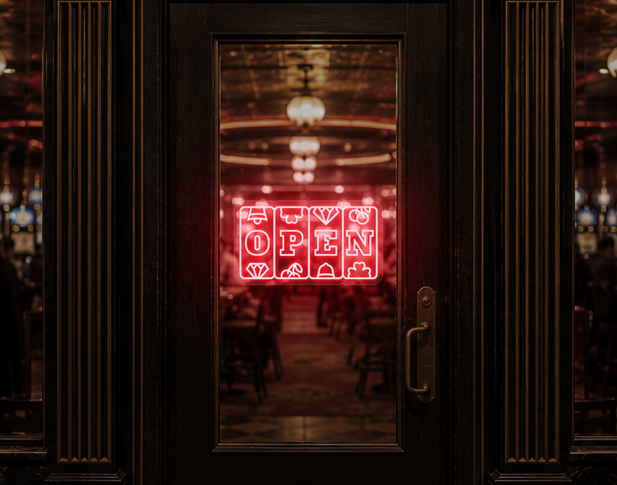 Slots Badge Open LED Neon Sign - Petal Pink