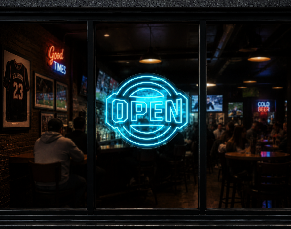 Varsity Circle Badge Open LED Neon Sign - Ice Blue