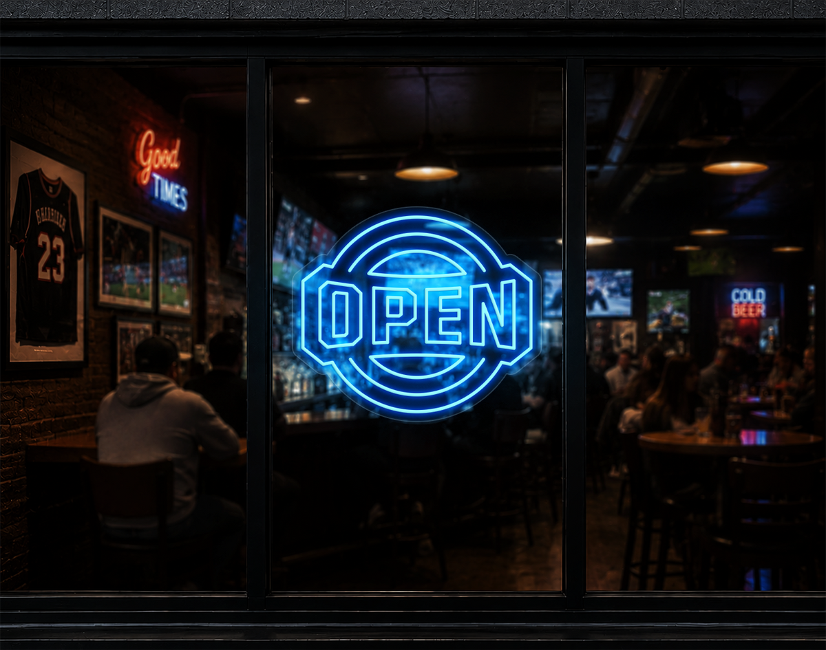 Varsity Circle Badge Open LED Neon Sign - Light Blue