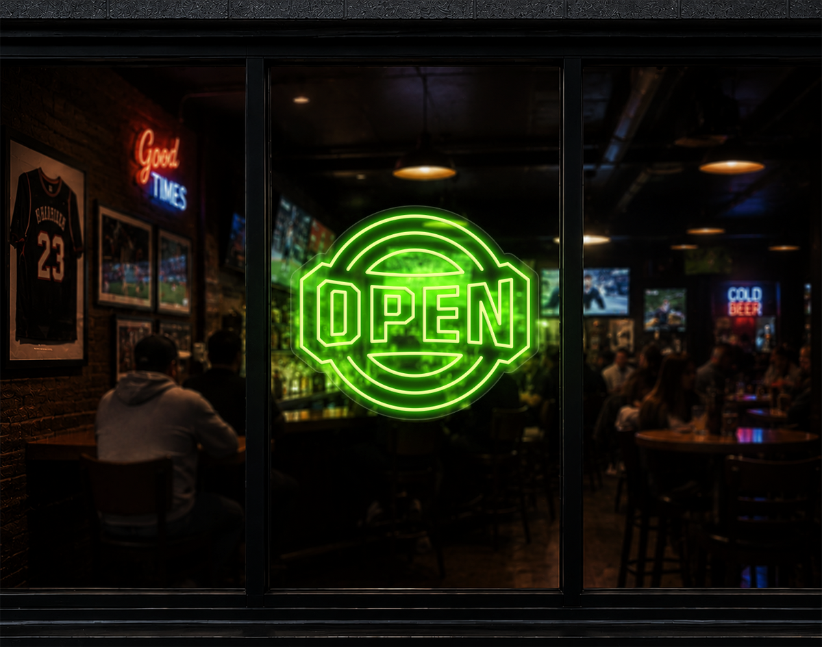 Varsity Circle Badge Open LED Neon Sign - Lime