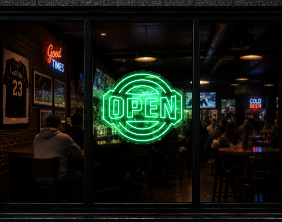 Varsity Circle Badge Open LED Neon Sign - Mint Green