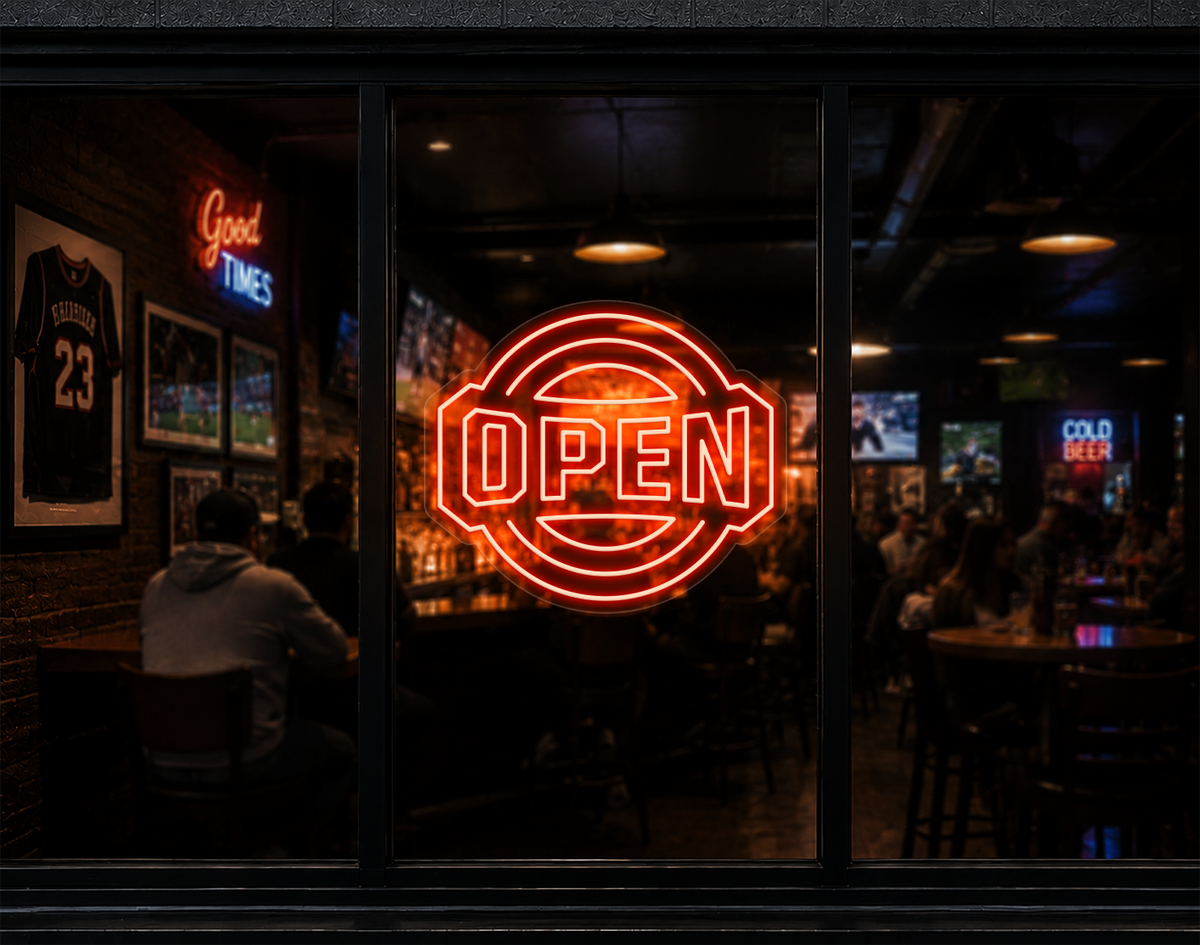 Varsity Circle Badge Open LED Neon Sign - Orange