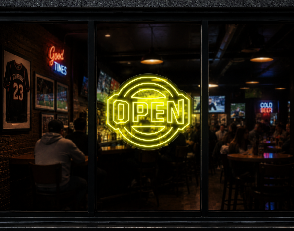 Varsity Circle Badge Open LED Neon Sign - Yellow