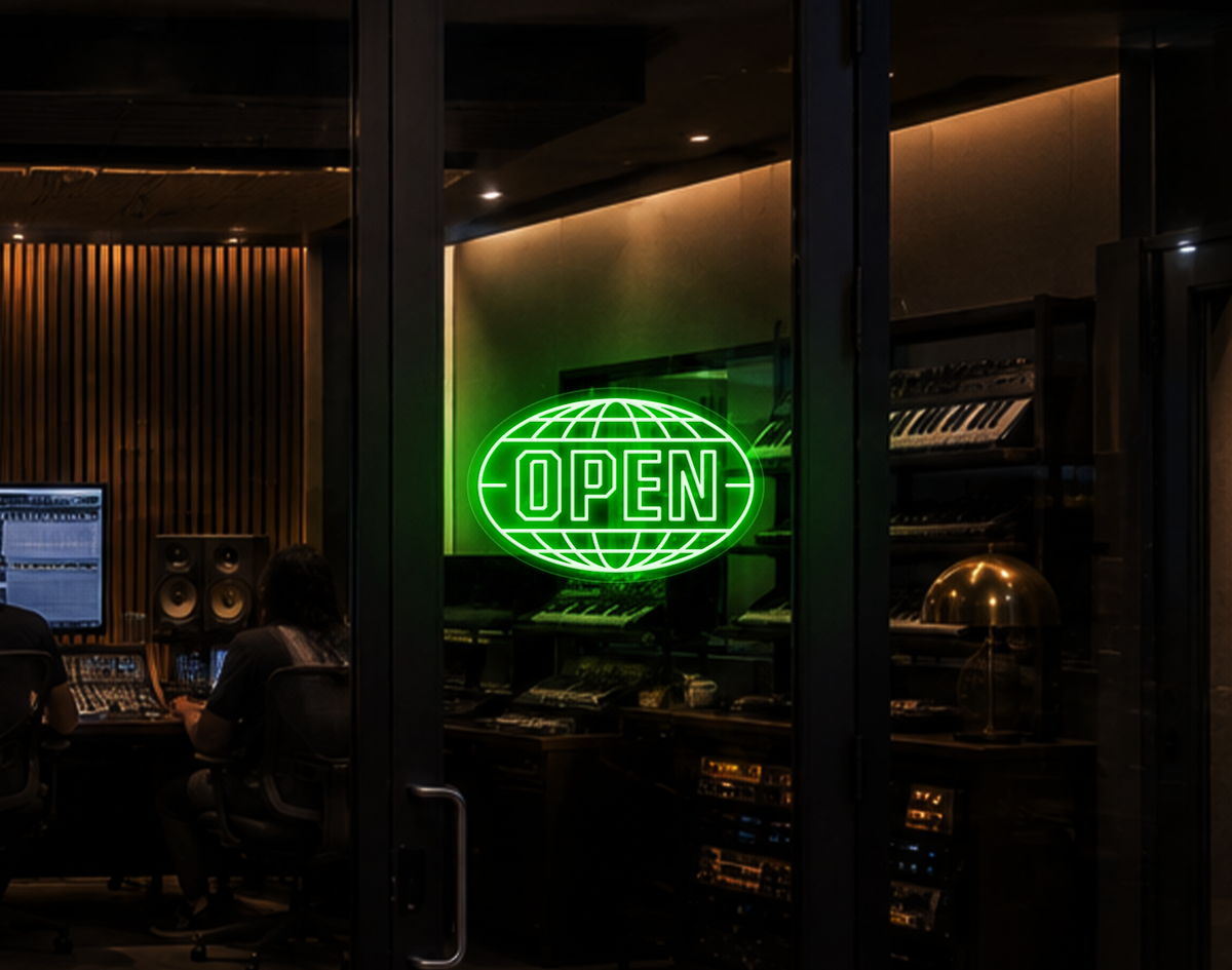Varsity Globe Badge Open LED Neon Sign - Green