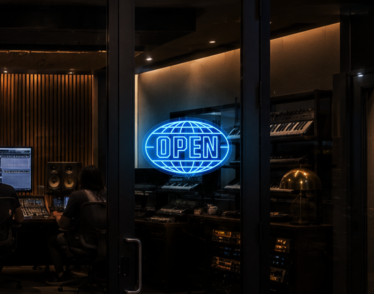 Varsity Globe Badge Open LED Neon Sign - Light Blue