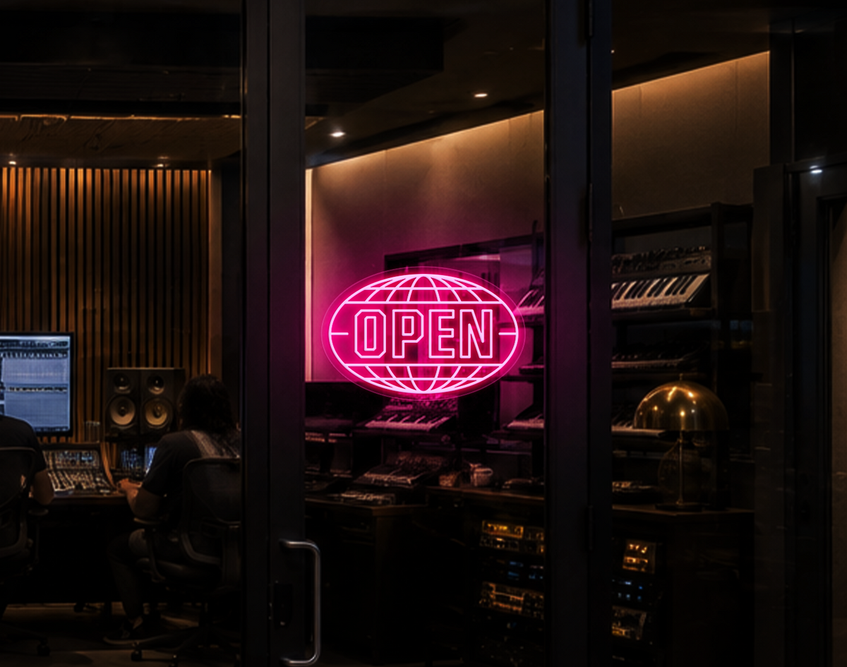 Varsity Globe Badge Open LED Neon Sign - Light Pink