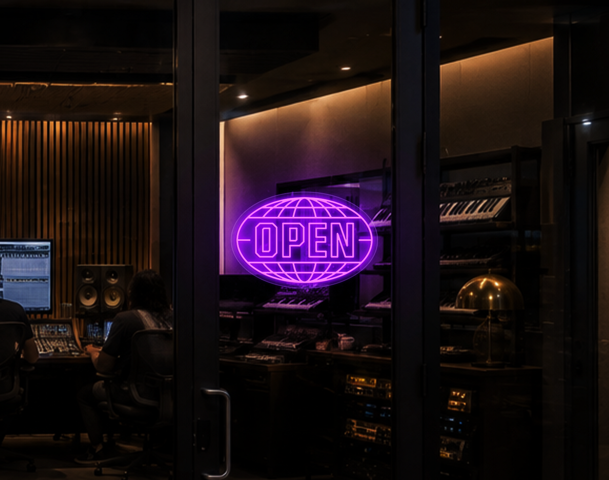 Varsity Globe Badge Open LED Neon Sign - Purple