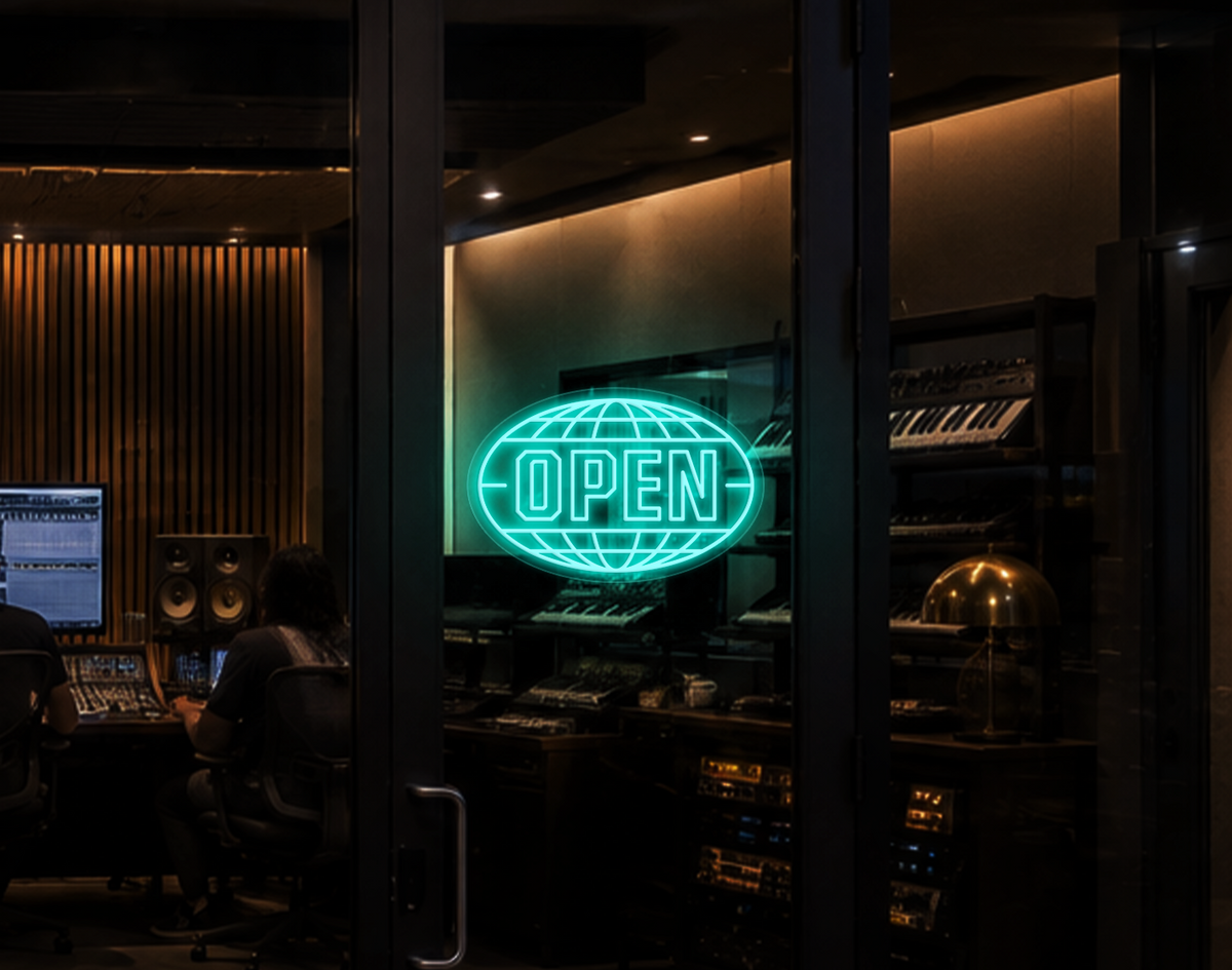 Varsity Globe Badge Open LED Neon Sign - Turquoise