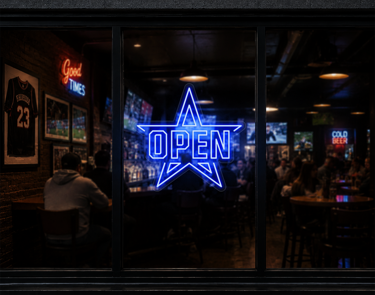 Varsity Star Badge Open LED Neon Sign - Baby Blue