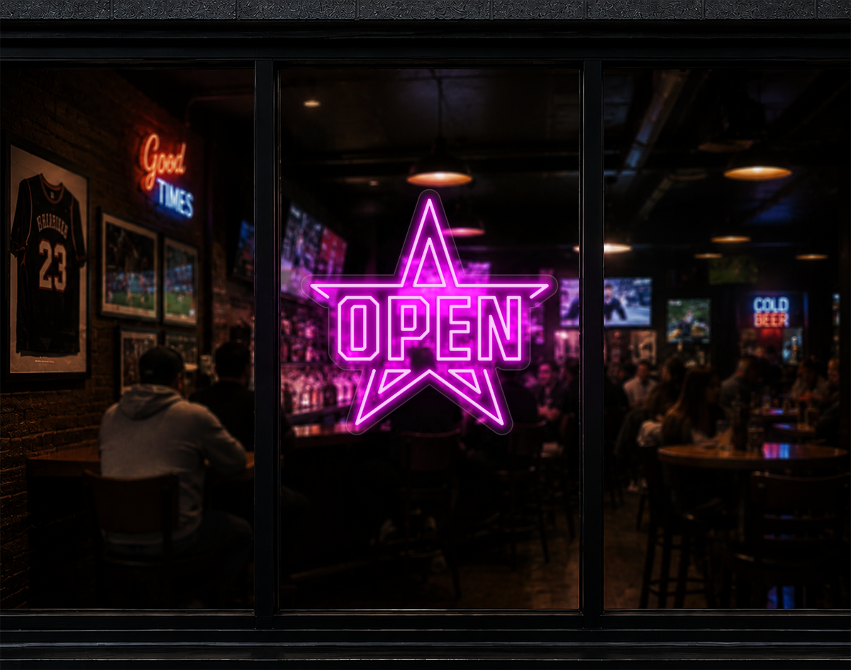 Varsity Star Badge Open LED Neon Sign - Hot Pink