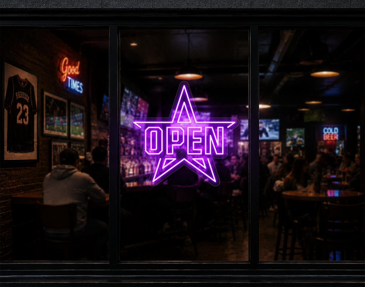 Varsity Star Badge Open LED Neon Sign - Lilac Purple