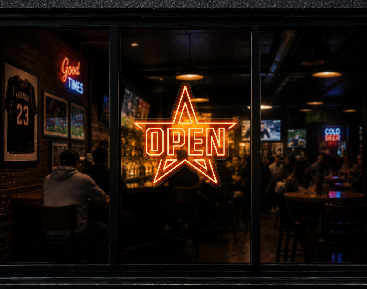 Varsity Star Badge Open LED Neon Sign - Sunset Orange