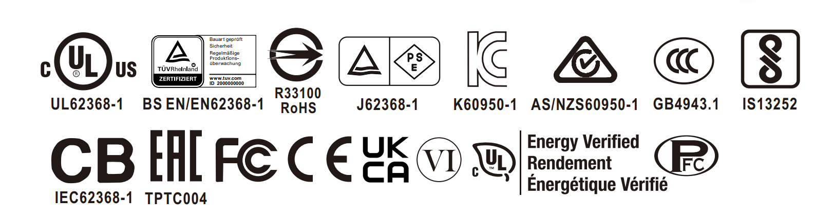 Global safety and energy certification marks: UL 62368-1, BS EN/EN62368-1, R33100 RoHS, J62368-1, K60950-1, AS/NZS 60950-1, GB4943.1, IS13252, CB IEC62368-1, TPTC004, FCC, CE, UKCA, Energy Verified Level VI, UL cUL, PFC.